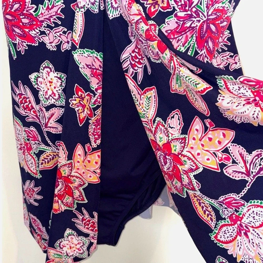 Swimsuits For All Size 28 Plus Floral Swim Dress Tummy Control Navy